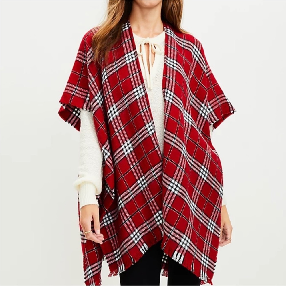 NWT LOFT Reversible Tartan Plaid Kimono Poncho Shawl Red